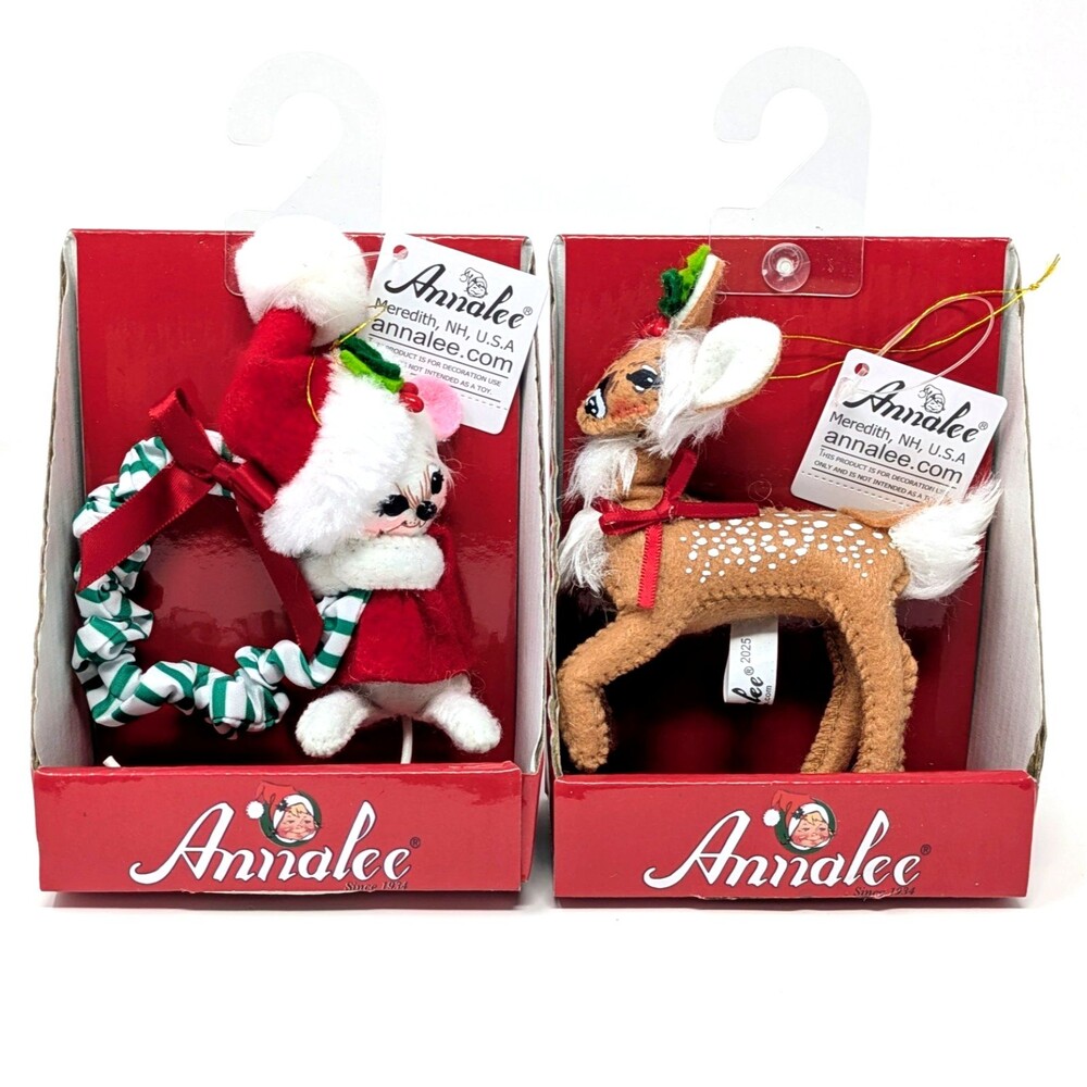 Annalee SNOWY DAY FAWN 4" & WREATH MOUSE 3" Christmas Ornament Lot 2025